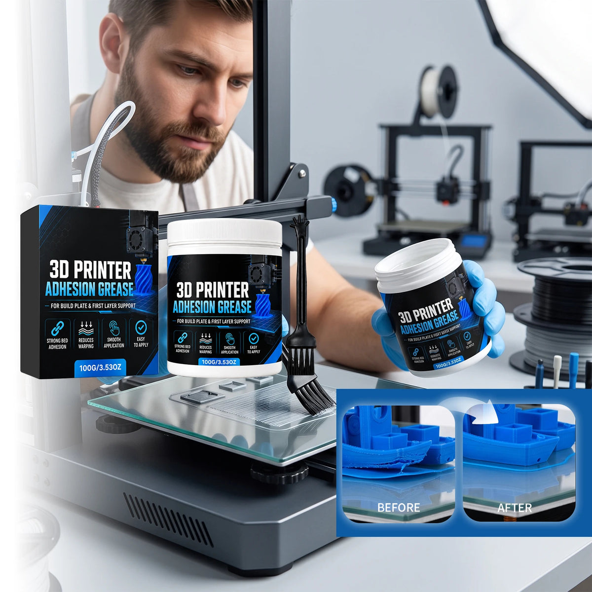 3D Printer Bed Adhesion Grease with Brush | PLA ABS PETG 3D Printer Accessory P3