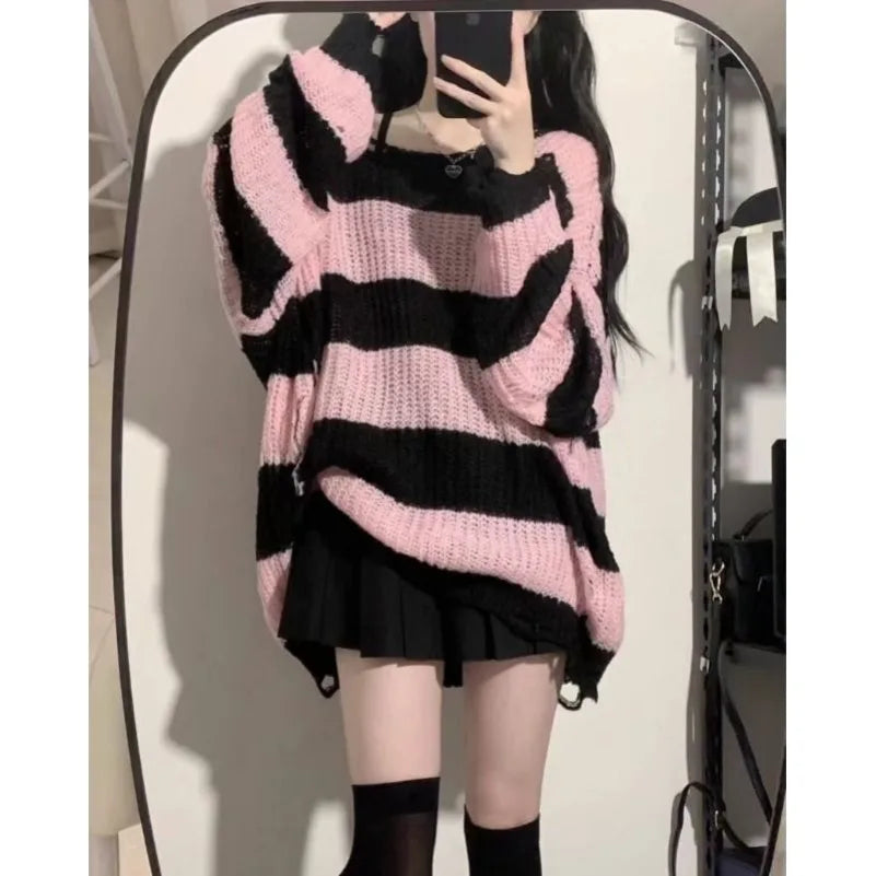 PTKPCC Women's Loose Striped Knit Pullover Sweater | Black Pink Knit Pullover Sweater P3