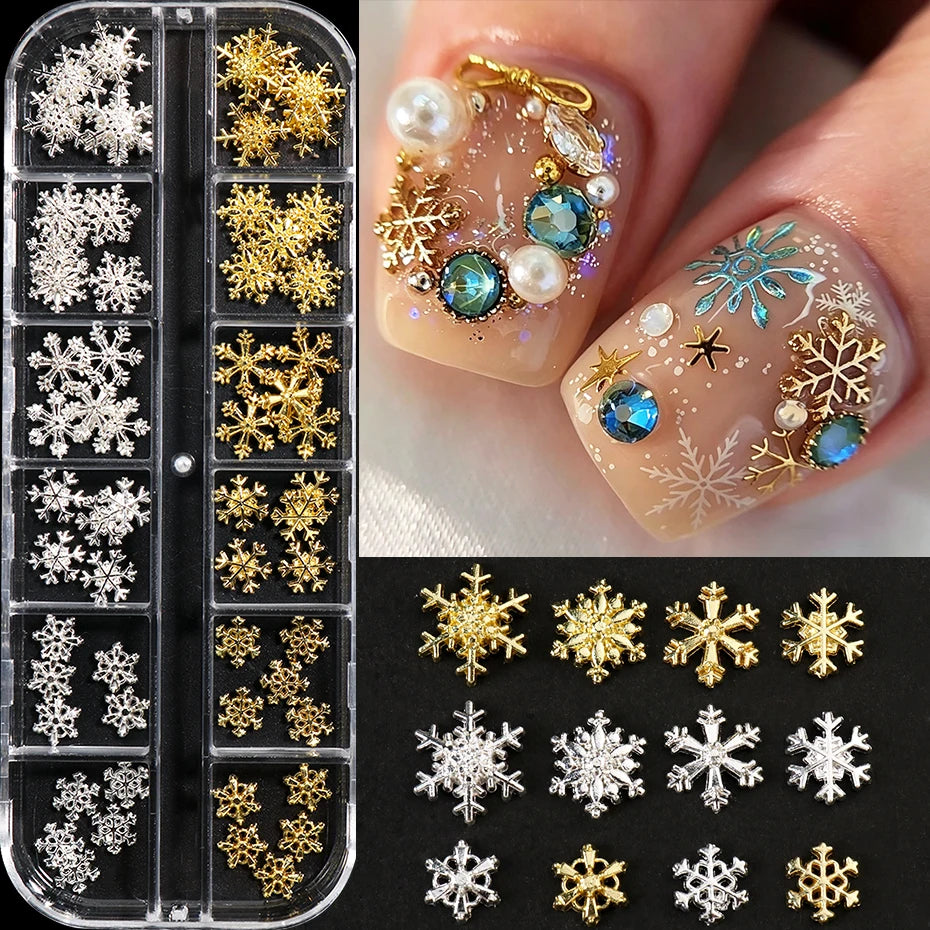 Metallic Snowflake Nail Charms 12 Grids – Gold & Silver Winter Nail Art Charms P3 S-359-01