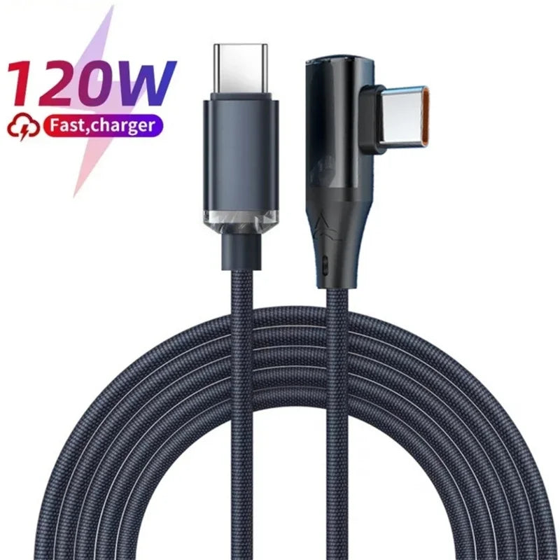 90° Elbow USB-C Cable 6A 120W Fast Charging – Nylon Braided USB Charging Cable P3 BK 1.5m