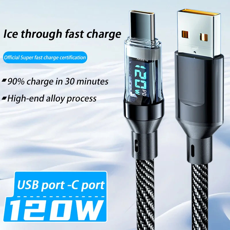 120W USB-C Fast Charging Cable LED Display | Nylon Braided USB-C Charging Cable P3 120W USB A-C cable2 2m