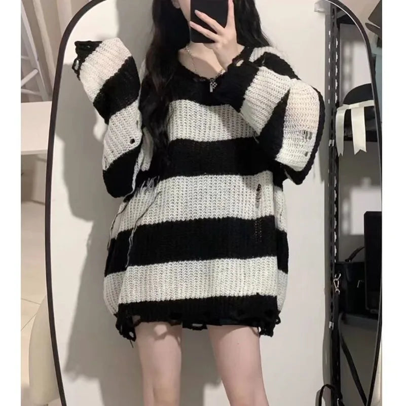 PTKPCC Women's Loose Striped Knit Pullover Sweater | Black Pink Knit Pullover Sweater P3