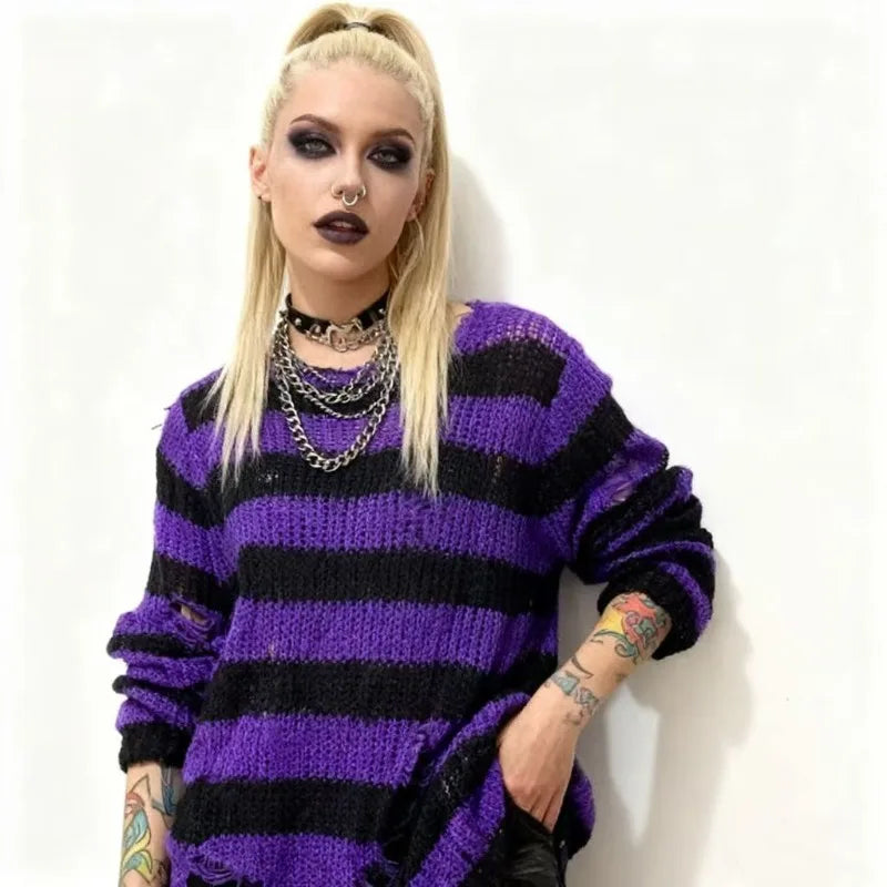 Women's Punk Gothic Oversized Striped Hollow Knit Sweater Knit Pullover Sweater P3
