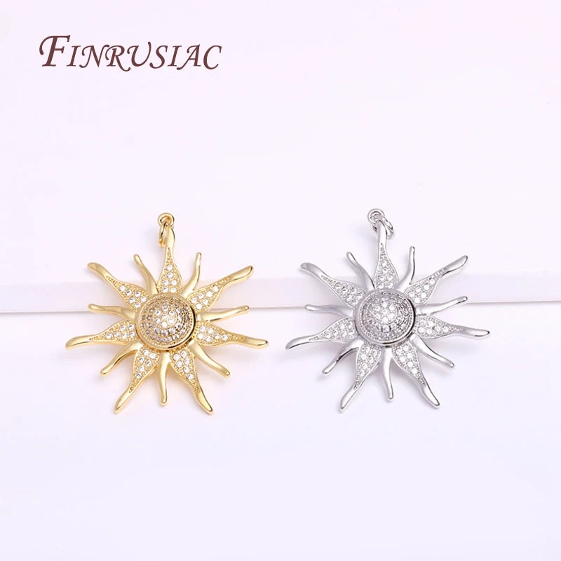 18K Gold Plated Brass Sunflower Charm with Zircon – 33mm DIY Jewelry Pendant Charm P3