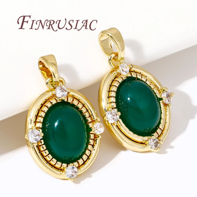 18K Gold Plated Oval Pendant Green Zircon Brass DIY Charm DIY Jewelry Pendant P3