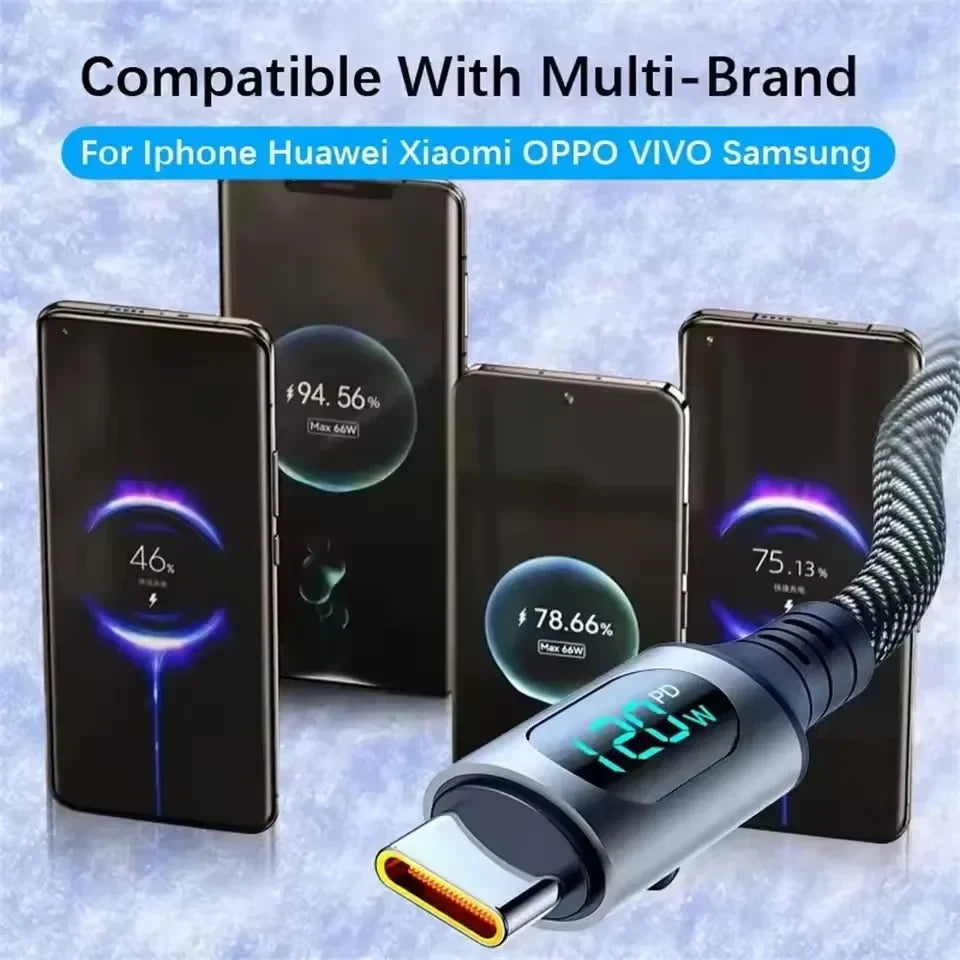 120W USB-C Fast Charging Cable LED Display | Nylon Braided USB-C Charging Cable P3
