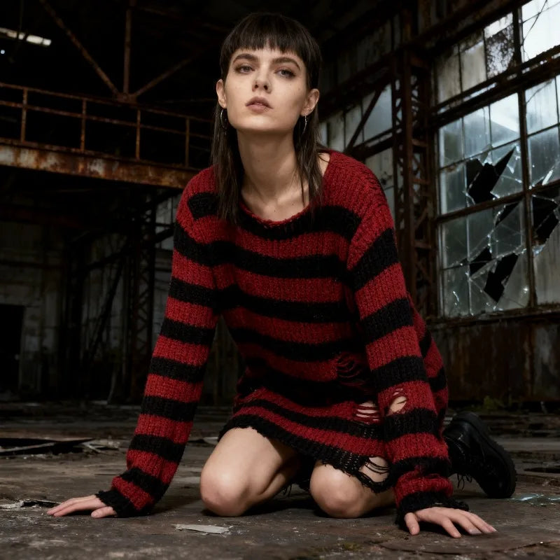 Women's Oversized Striped Hollow Knit Sweater | Punk Gothic Knit Pullover Sweater P3