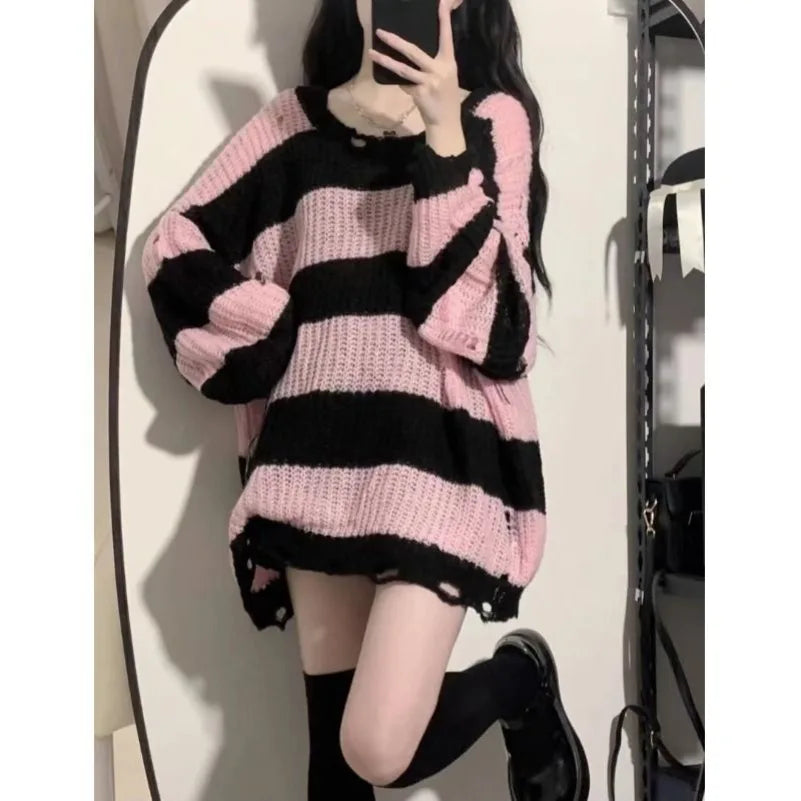PTKPCC Women's Loose Striped Knit Pullover Sweater | Black Pink Knit Pullover Sweater P3 Pink One Size