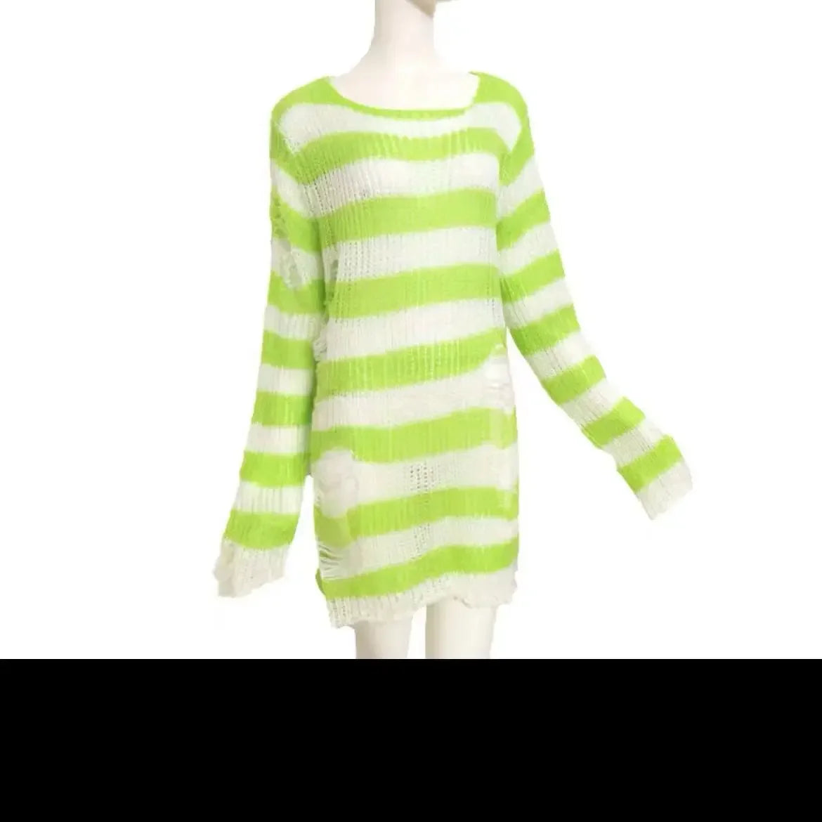 Women's Punk Gothic Oversized Striped Hollow Knit Sweater Knit Pullover Sweater P3 One Size Light White Green
