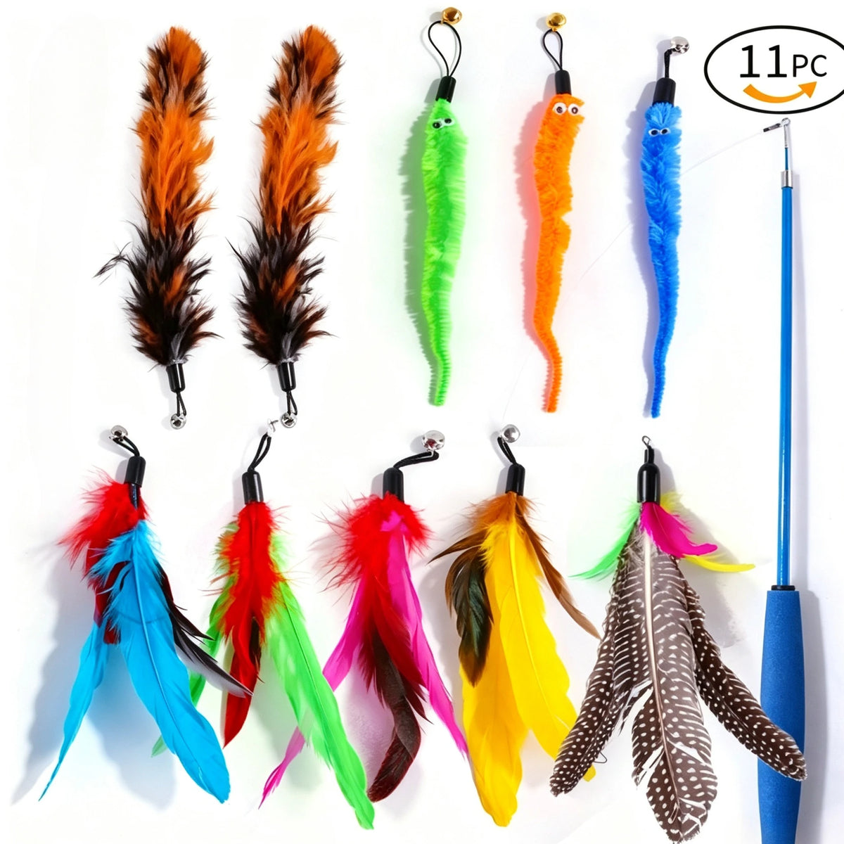 11-Pc Retractable Cat Feather Wand Toy Set with Refills Cat Feather Wand P3 11PCs