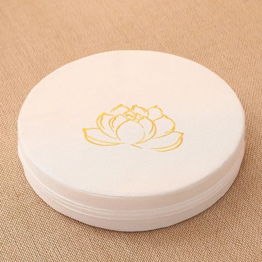 Lotus Embroidered Round Yoga Meditation Cushion – Linen Cotton Meditation Floor Cushion P3 White