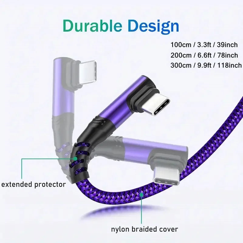 90° Elbow 60W USB-C Fast Charging Cable 3M Nylon Braided USB-C Charging Cable P3