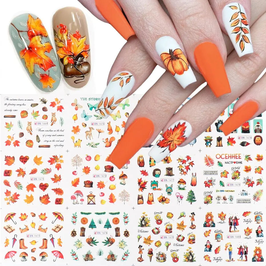Fall Gold Maple Leaf Nail Stickers – Water Transfer Decals 12pc Nail Art Stickers P3