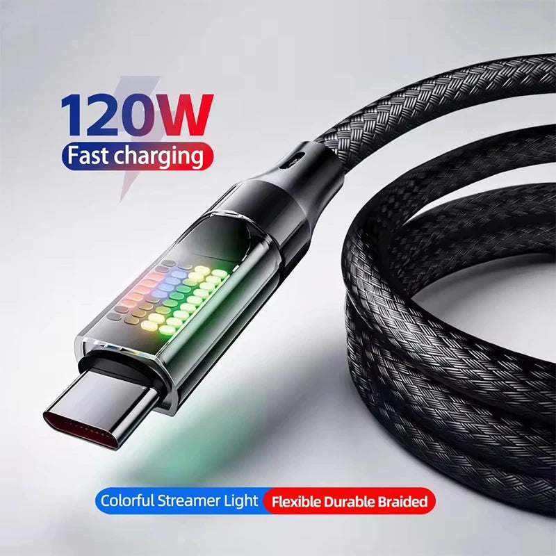 120W USB-A to USB-C Fast Charging Cable 6A LED Display Nylon USB Charging Cable P3