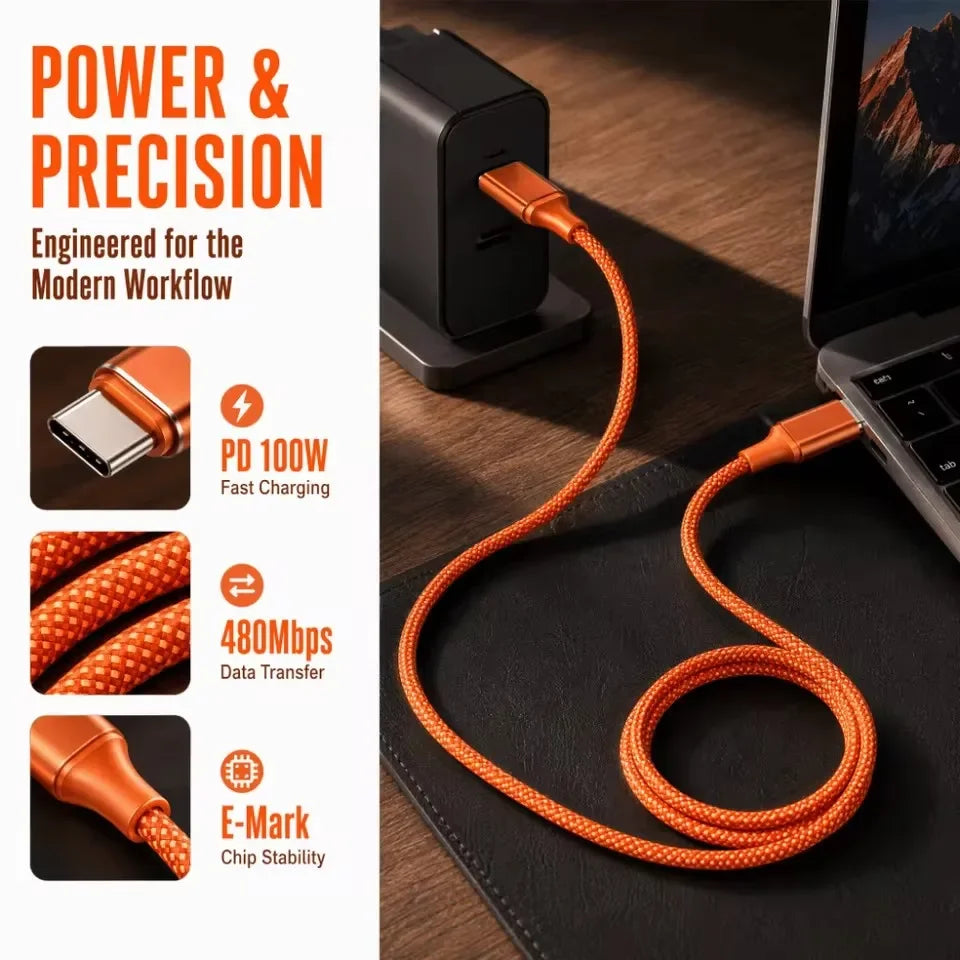 100W 90-Degree USB-C to USB-C Fast Charging Cable Orange USB-C Charging Cable P3