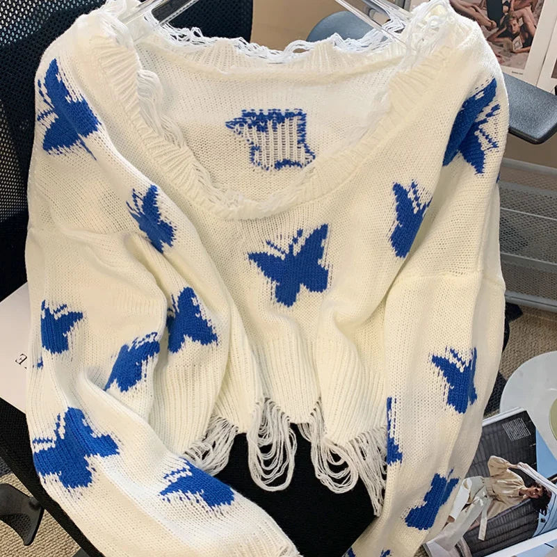 PTKPCC Butterfly Knit Cropped Sweater | Y2K Off Shoulder Top Knit Cropped Sweater P3