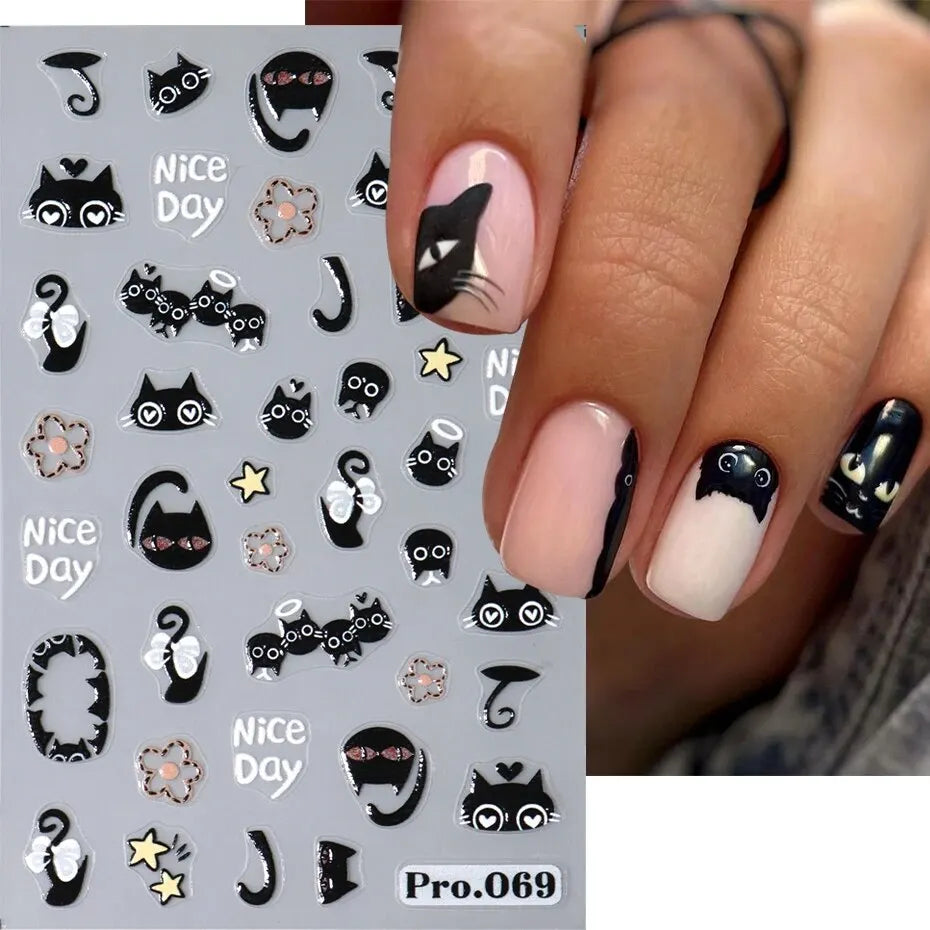 3D Black Cat Nail Art Stickers | Self-Adhesive Decals 2pcs Nail Art Stickers P3