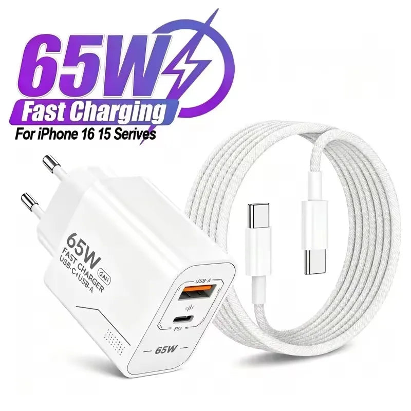 65W GaN USB-C 2-Port Fast Charger | EU & US Wall Adapter GaN Wall Charger P3