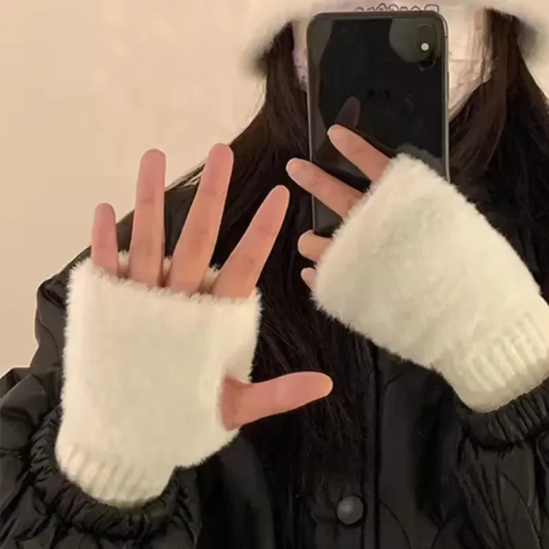 Women's Soft Plush Fingerless Gloves – Warm Knit Wrist Mittens Fingerless Winter Gloves P3