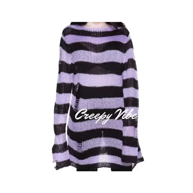 PTKPCC Women's Punk Gothic Oversized Striped Hollow Knit Sweater Knit Pullover Sweater P3