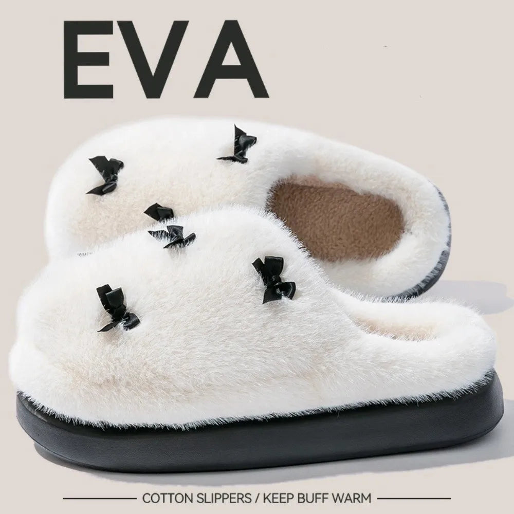 Women's Fluffy Bow Knot House Slippers | Non-Slip EVA Sole Women's House Slippers P3 White 40-41