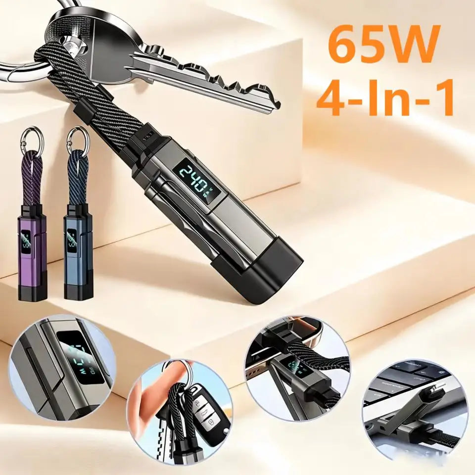 4-in-1 65W Keychain USB-C Charging Cable with LED Display USB Charging Cable P3