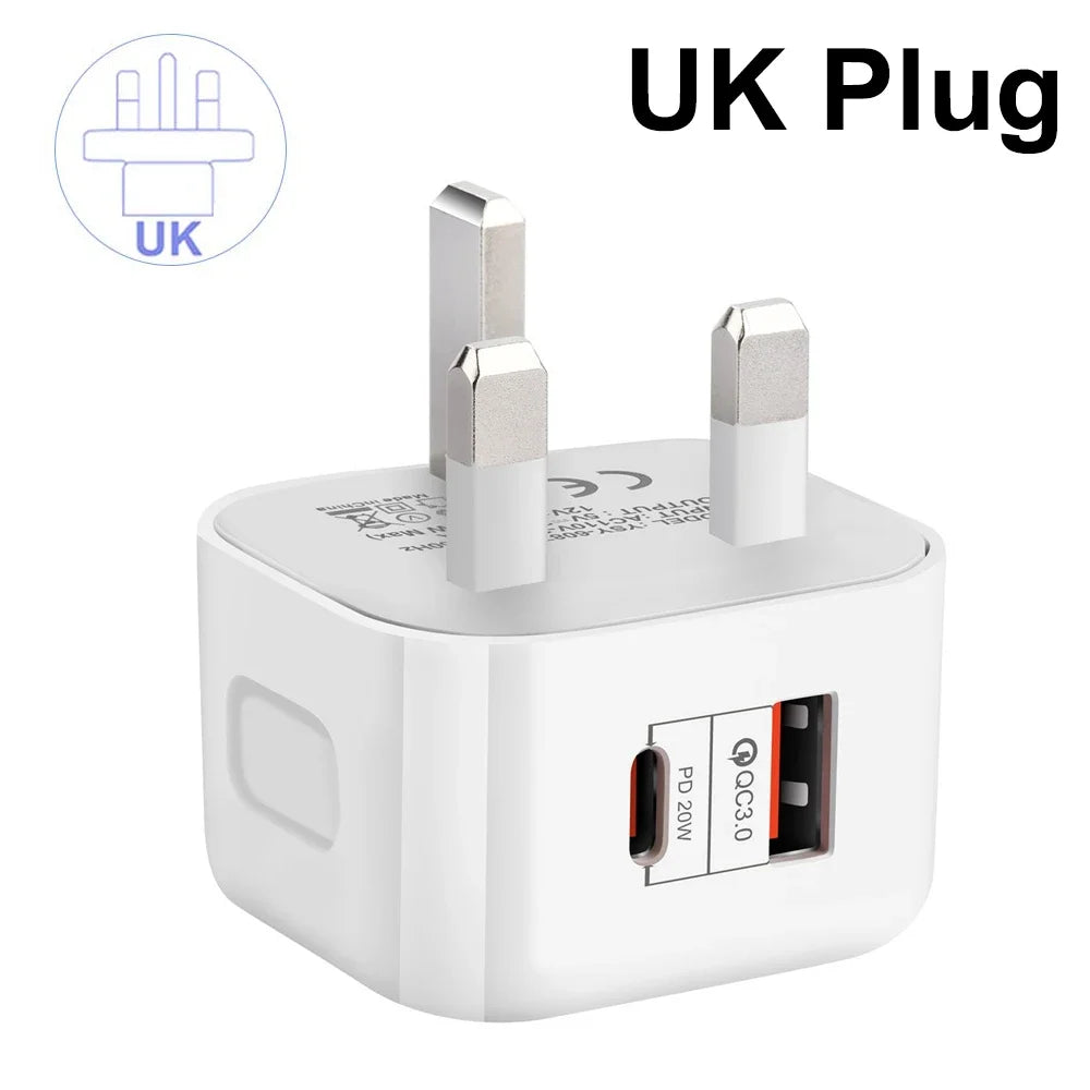 20W Dual Port USB-C PD Fast Wall Charger – EU/US/UK Plug USB-C Wall Charger P3 UK