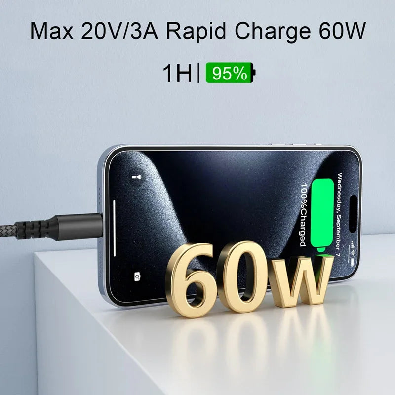 USB-C Braided Cable 1M/2M/3M – 60W PD Fast Charging & Data Sync USB-C Charging Cable P3