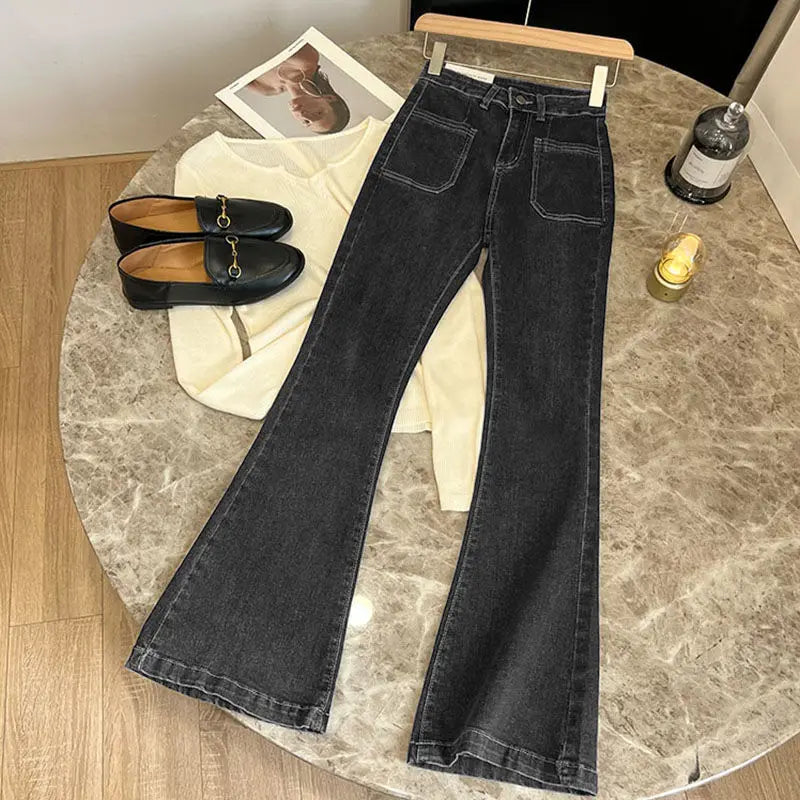 PTKPCC Women's High Waist Flare Jeans | Vintage Loose Denim Flare Denim Jeans P3 Black Grey XS