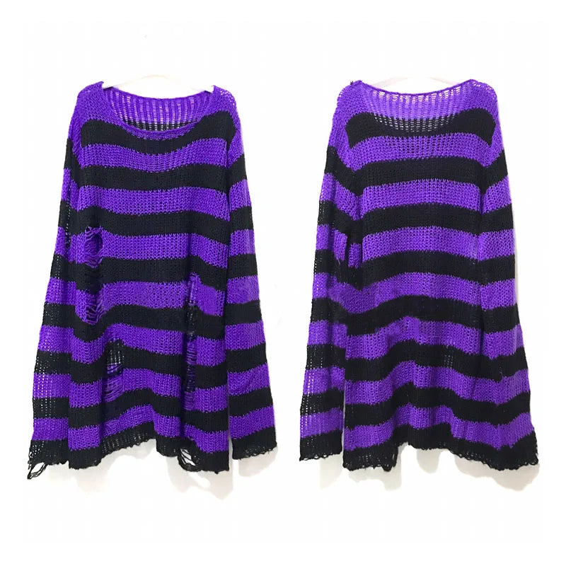 PTKPCC Punk Gothic Striped Hollow Knit Sweater | Unisex Knit Sweater P3 Purple One Size