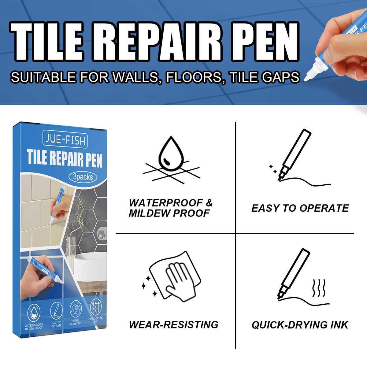Tile Grout Paint Pen White Waterproof Marker – 3 Pack Grout Repair Pen P3