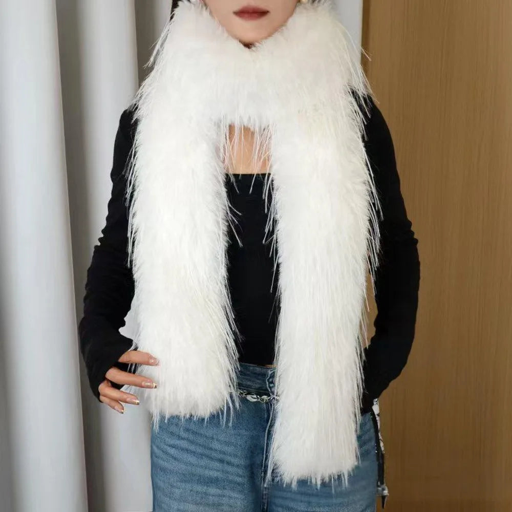 Women's Fluffy Faux Fur Long Scarf – Y2K Winter Shawl 180cm Faux Fur Scarf P3 White