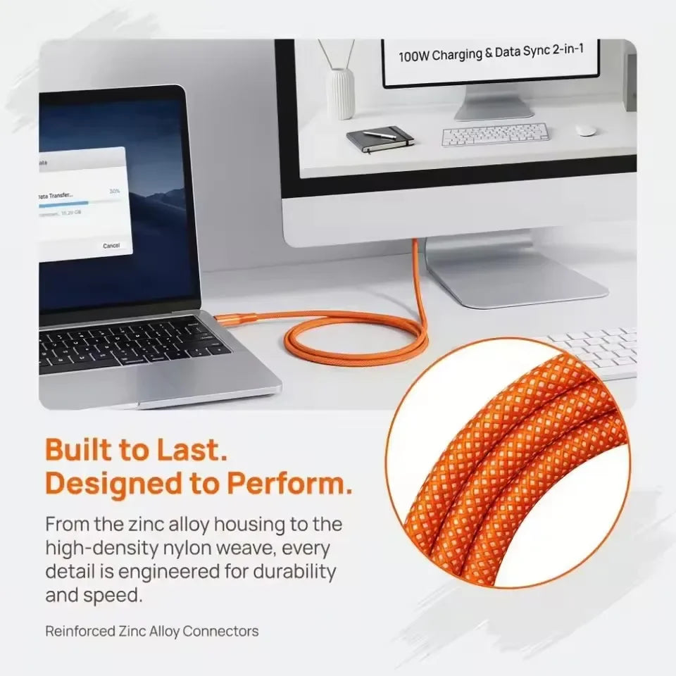 100W 90-Degree USB-C to USB-C Fast Charging Cable Orange USB-C Charging Cable P3