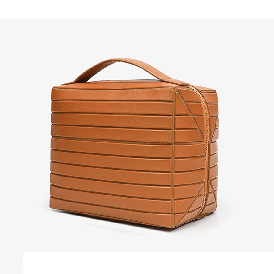 Foldable Hard Shell Striped Cosmetic Bag | Travel Organizer Cosmetic Organizer Bag P3 Brown Bag