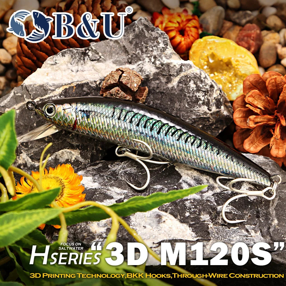B&U 12cm Saltwater Sinking Minnow Jerkbait | BKK Hooks Saltwater Fishing Lure P3