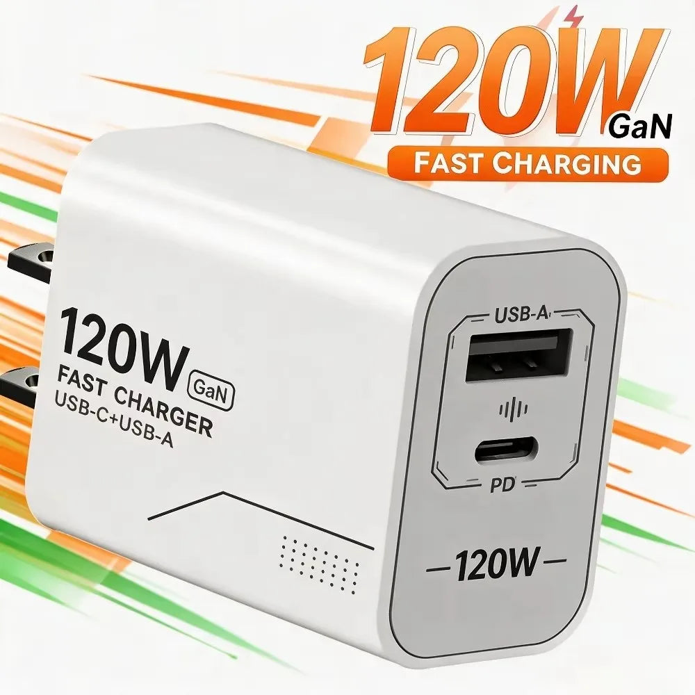 120W GaN 2-Port Fast Charger – USB-C & USB-A Wall Adapter GaN Wall Charger P3