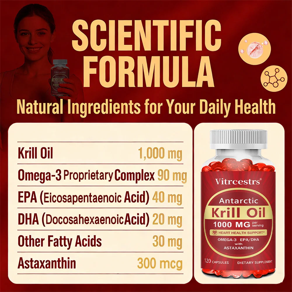 Antarctic Krill Oil 1000mg – Omega-3 EPA DHA Astaxanthin Non-GMO Omega-3 Supplement P3