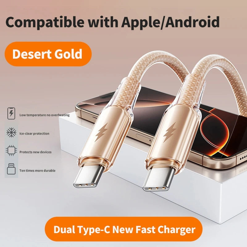 100W USB-A to USB-C Braided Fast Charging Cable 6A 480Mbps USB Charging Cable P3 Gold Type C To C 1.2m