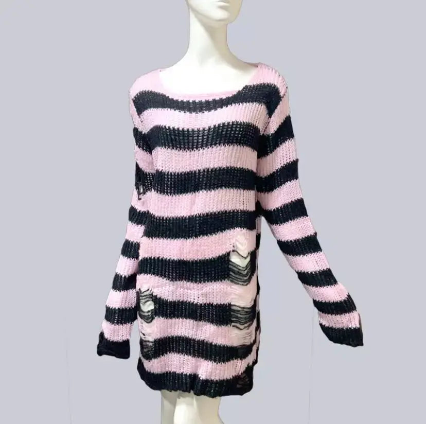 PTKPCC Punk Gothic Striped Hollow Knit Sweater | Unisex Knit Sweater P3