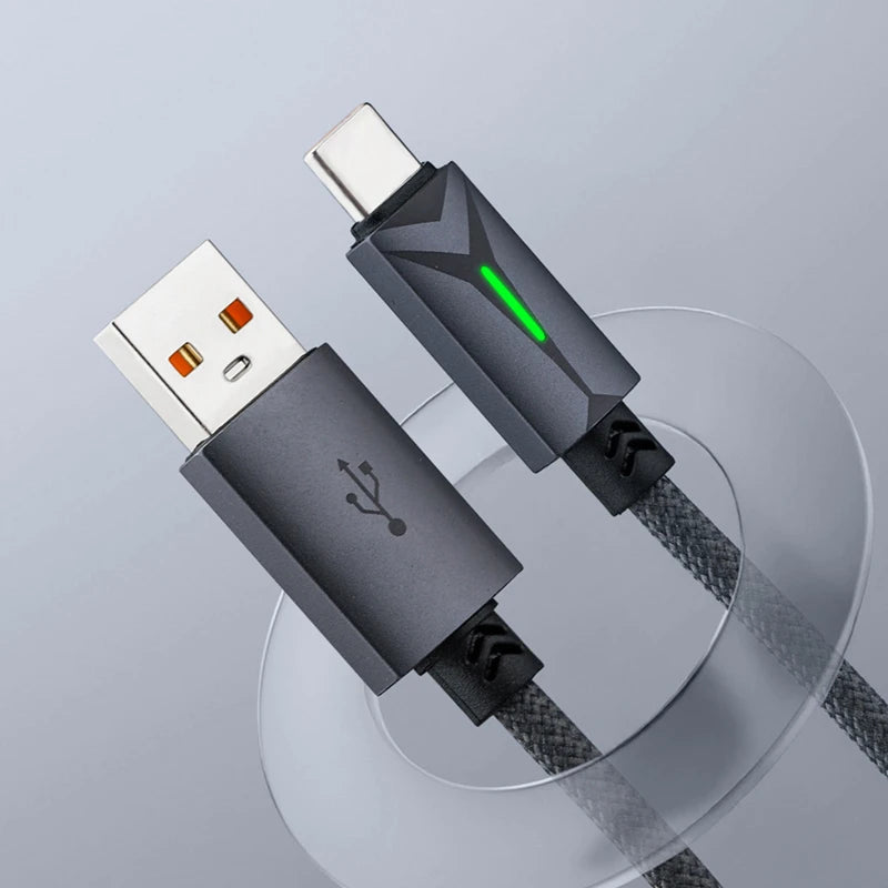 120W USB-C Fast Charging Cable LED 6A Braided – Phone & Tablet USB-C Charging Cable P3 GY 2m
