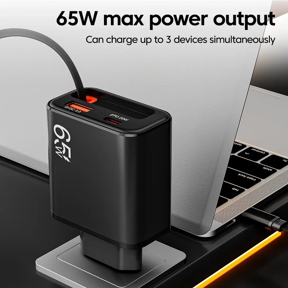 65W USB PD & QC 3.0 Wall Charger with Retractable Type-C Cable USB Wall Charger P3