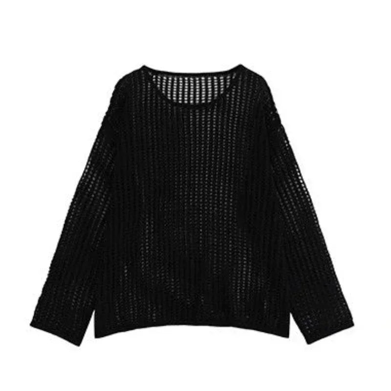 PTKPCC Women's Hollow-Out Loose Knit Pullover Sweater | Summer Knit Pullover Sweater P3 Black M