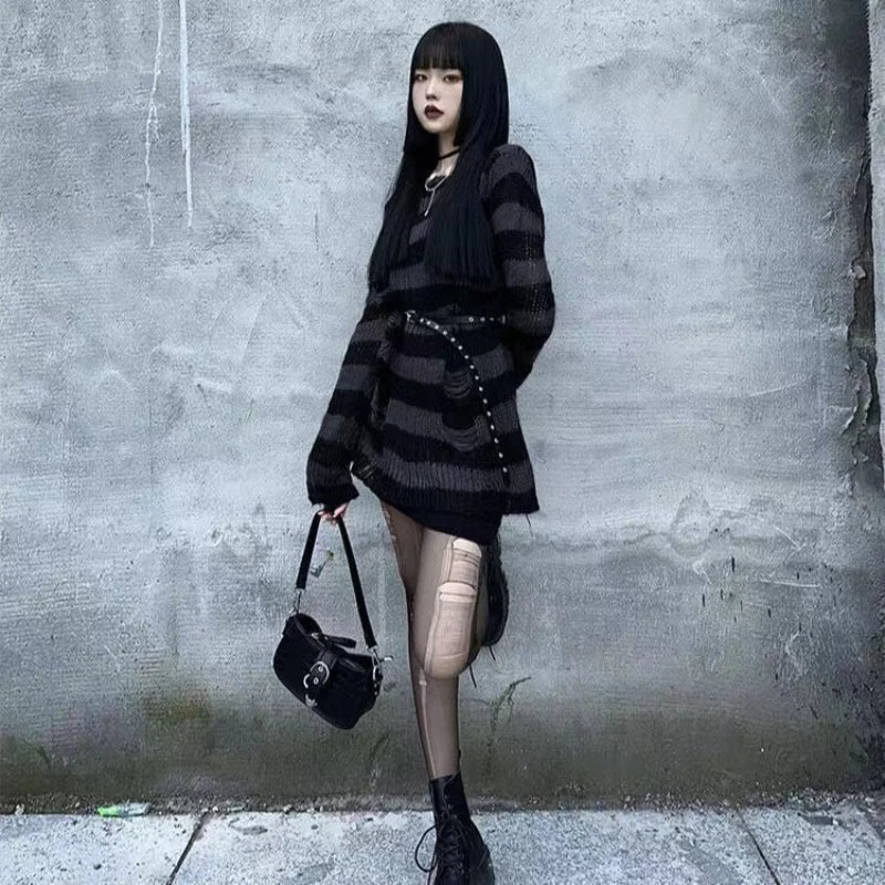 PTKPCC Punk Gothic Striped Hollow Knit Sweater | Unisex Knit Sweater P3