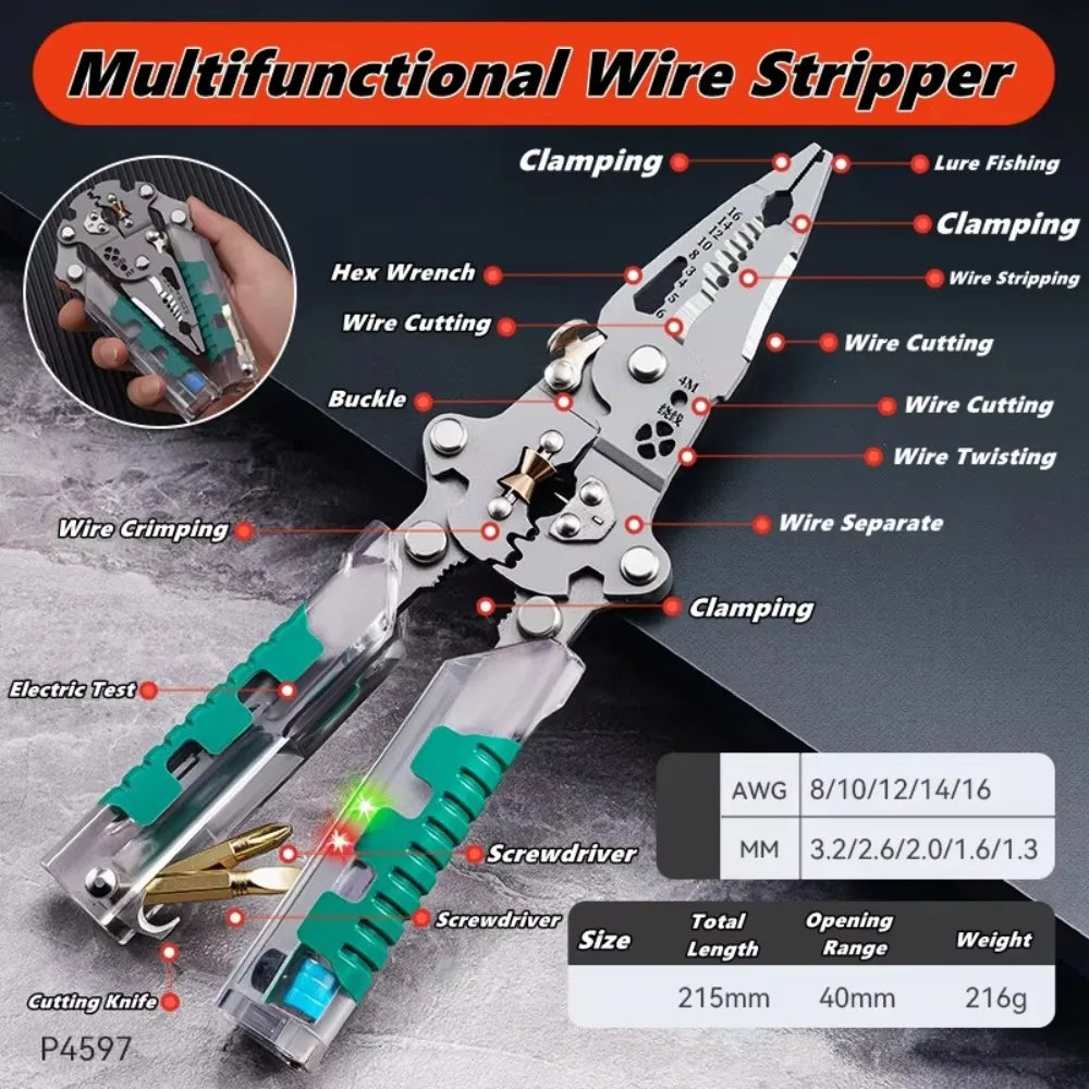 Foldable Wire Stripping Pliers with Voltage Tester | Crimping Tool Wire Stripping Pliers P3 Light Blue