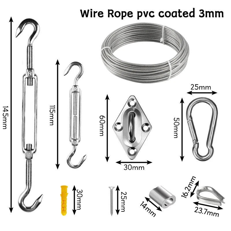 Shade Sail Hardware Kit – 304 Stainless Steel & 30M Wire Rope Shade Sail Hardware Kit P3