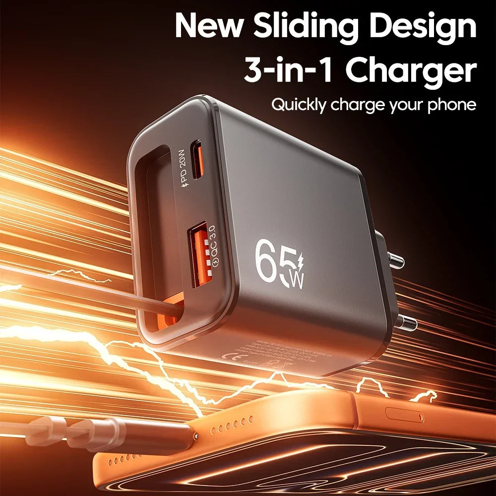 65W USB PD & QC 3.0 Wall Charger with Retractable Type-C Cable USB Wall Charger P3