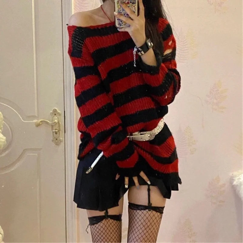 PTKPCC Punk Gothic Striped Hollow-Out Knit Sweater | Unisex Knit Pullover Sweater P3