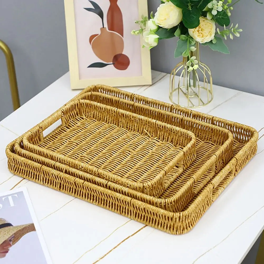 Handwoven Plastic Rattan Storage Tray – Fruit & Bread Basket Woven Storage Basket P3