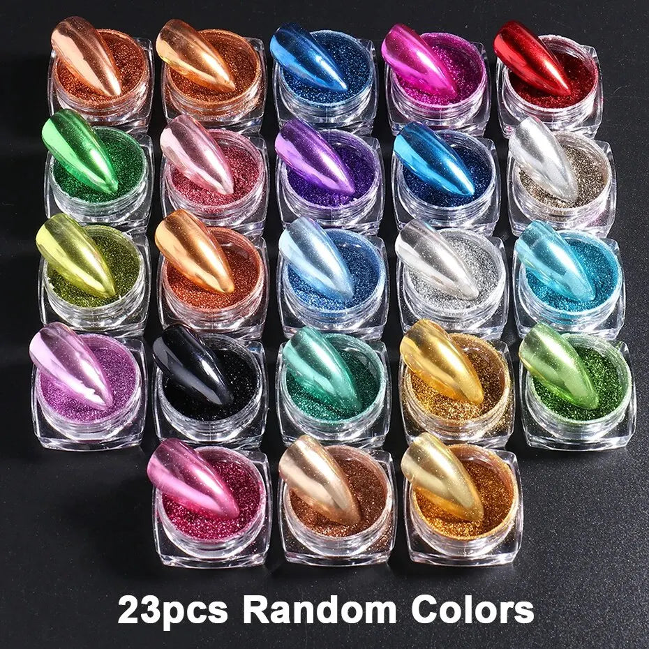 23-Color Chrome Nail Powder Set – Y2K Mirror Glitter Pigment Chrome Nail Powder Set P3 23pcs Chrome Powder