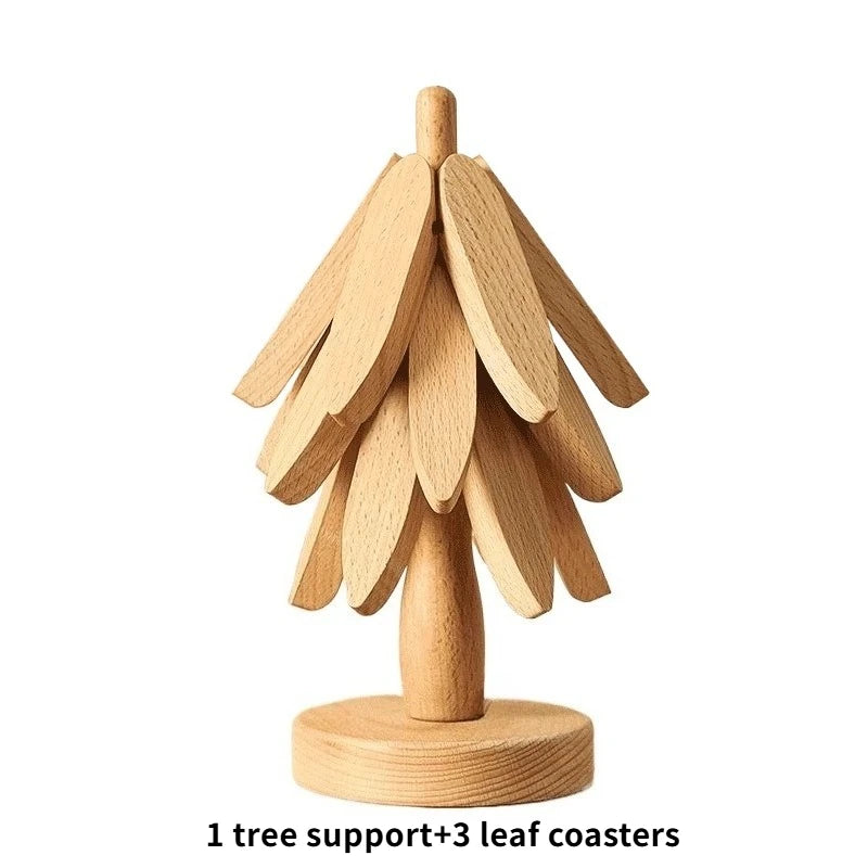 Christmas Tree Bamboo Trivet & Coaster Set | Table Mat Bamboo Trivet Set P3 natural wood 3 leaf L